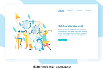 Website template with ophthalmologist examining eyes of female patient. Visual acuity check, ophthalmology service, medical diagnostics. Modern flat vector illustration for internet advertisement.