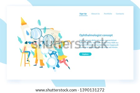 Website template with ophthalmologist examining eyes of female patient. Visual acuity check, ophthalmology service, medical diagnostics. Modern flat vector illustration for internet advertisement.