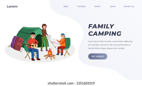 Website template parents with son sitting near campfire and eating marshmallows. Father playing guitar near big tents flat style vector illustration. Place for text