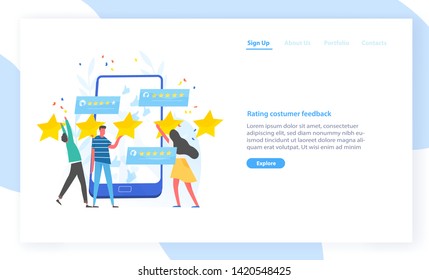 Website template with people leaving five star rating and giant smartphone. Customer experience, positive feedback, service review or evaluation. Modern flat vector illustration for advertisement.