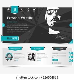 Website Template For Personal Profile, Contains Textured Labels, Buttons And Two Sample Vector Portraits