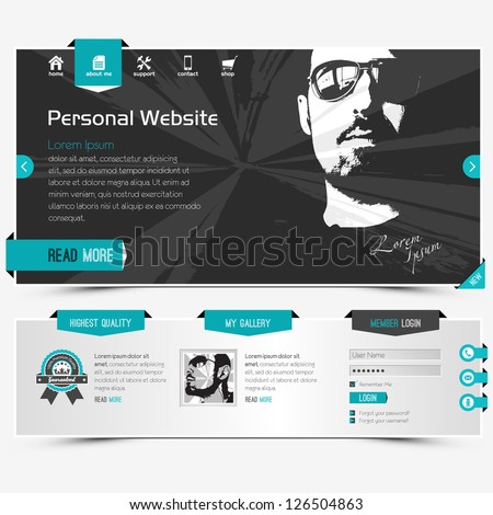 website template for personal profile, contains textured labels, buttons and two sample vector portraits