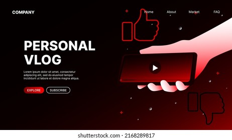 Website Template for Personal Vlog. Red Landing Page for Content Maker. Vector illustration