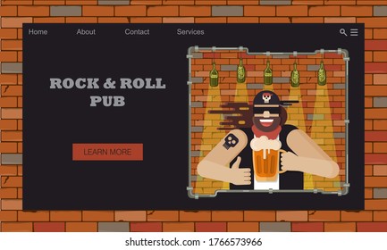 Website template for pub, bar for fans of rock music, representatives of rocker subculture. Brutal man in bandana and with beard holds beer mug and shows sign like. Landing page, web site concept
