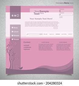 Website template with purple tree and bird, vector