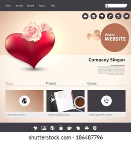 website template with rose flower and love heart illustration (photorealistic) Retro color