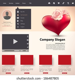 website template with rose flower and love heart illustration (photorealistic) Retro color