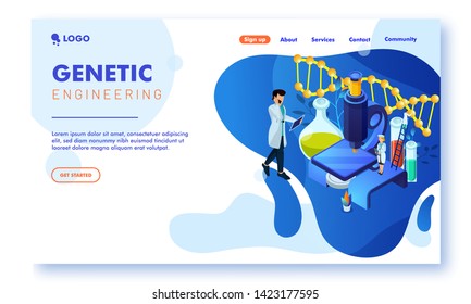 Website template with scientists doing research analyzing DNA molecule. genetic Engineering and Genome modification for advertisement.