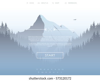 Website template with set of icons for landing page on natural landscape background with high mountain and forest. Eps10 vector illustration.