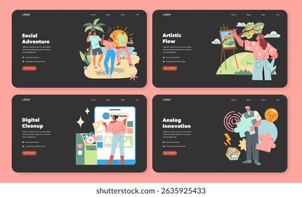 Website template set. Illustration of holiday adventures, creative painting, digital decluttering, and vintage innovation aimed at different website themes. Vibrant vector artworks for modern sites.