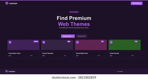 Website template showcasing premium web themes, with featured products like presentations decks and e-book templates, promoting online store growth.