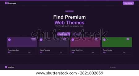 Website template showcasing premium web themes, with featured products like presentations decks and e-book templates, promoting online store growth.