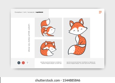 website template, simple landing page design, new layout, flat desig style, and cute and cool cartoon fox illustrations, bases used for websites, cellular, banners, name card, greeting cards