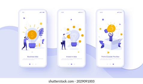 Website template for smartphone screens and mobile apps with businessmen or investors with light bulbs. Concept of investment in business ideas, thinking outside box. Modern flat vector illustration.