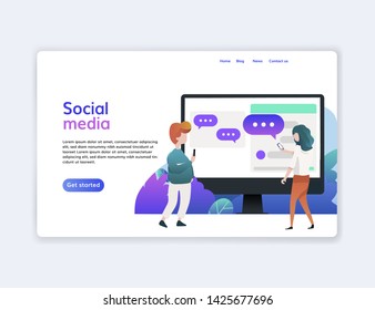 Website template of social media. Social media  concept with characters. Can use for web banner, infographics. Flat vector illustration isolated on white background.