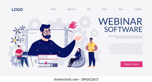 Plantilla de sitio web. seminarios web de software, educación en línea, formación de personal, consultoría. Ilustración vectorial.