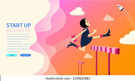 Website template for startup company.  Business woman jumping over hurdle. Business concept of overcoming obstacles and achieving the goal. Vector illustration easy editable for Your design.