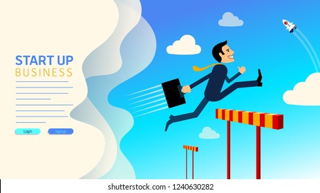 Website template for startup company.  Businessman jumping over hurdle. Business concept of overcoming obstacles and achieving the goal. Vector illustration easy editable for Your design.