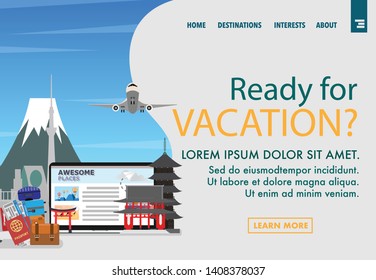Website template style- Airplane flying  over the landmark of the Tokyo Japan with luggage  and Fuji mountain and copy space for text - Ready for Vacation