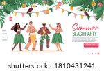 Website template for summer beach party with Hawaiian Hula dancers, cartoon vector illustration. Hawaiian tropical party landing page mockup with dancing people.