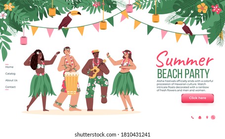 Website template for summer beach party with Hawaiian Hula dancers, cartoon vector illustration. Hawaiian tropical party landing page mockup with dancing people.