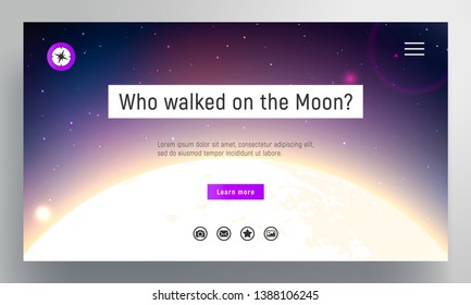 Website template. The surface of the glowing moon against the background of space and stars