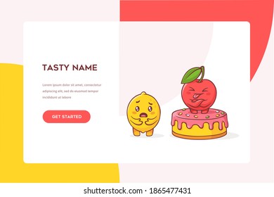 Website-Vorlage, Süßigkeiten und Früchte. Website-Layout mit süßen Zeichen. Vektorgrafik.