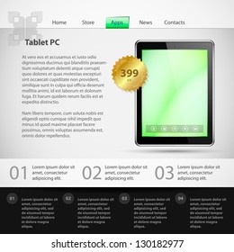 Website template with a tablet computer. Vector illustration.