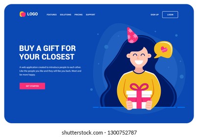Website template for those who want a gift. Girl holding a gift and smiling. birthday party, character vector illustration.