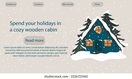 Website template for a travel company that offers to spend holidays in a forest house. Illustration of a triangular wooden cabin in a snowy winter.