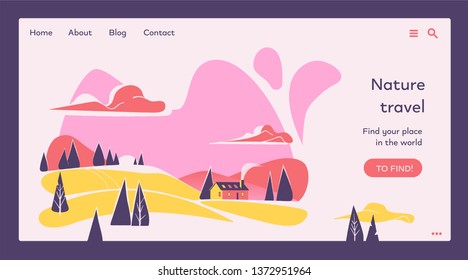 Website template for travel, life in mountains with wood house, trees, clouds on sunset. 