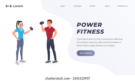 Website template with two sports people with dumbbells vector illustration. Man and woman working out lifting having workout. Place for text. Get started button