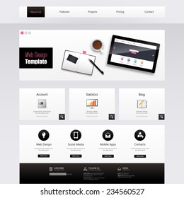 Website Template Vector Design with realistic still life illustration, tablet, coffee, notebook.
