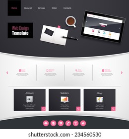 Website Template Vector Design with realistic still life illustration, tablet, coffee, notebook.