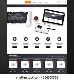 Website Template Vector Design with realistic still life illustration, tablet, coffee, notebook.
