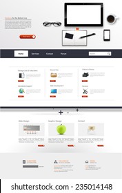 Website Template Vector Design with realistic still life illustration, tablet, coffee, notebook.