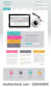 Website Template Vector Design with realistic still life illustration, tablet, coffee, notebook.