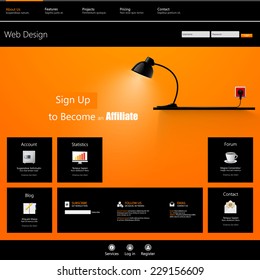 Website Template. Vector illustration. Orange and Black color. Business theme.