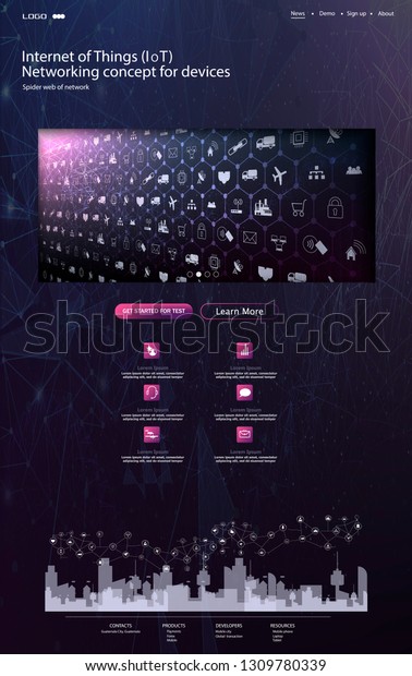 Website\
Template Vector. Landing Web Page. Internet of things (IoT) and\
networking concept for connected devices. Spider web of network\
connections with on a futuristic blue\
background