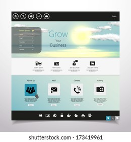 Website template Vector. with photorealistic sunrise, sea illustration.