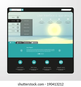 Website template Vector. with photorealistic sunrise, sea illustration. 