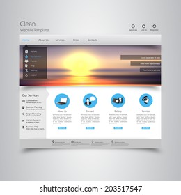 Website template Vector. with photorealistic sunrise, sea illustration. 