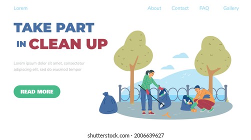 Website template for volunteering altruistic cleanup and environmental protection activity, flat vector illustration. Landing page with volunteers cleaning up streets.