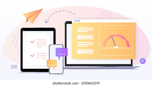Website template or web page layout. The working process. Teamwork, working on project. Startup launch. Business process management, business process visualization, IT business analysis concept.