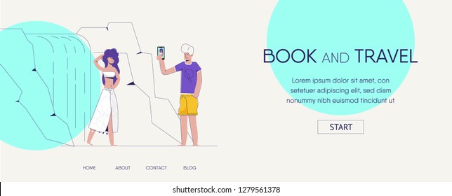 Website template for websites or apps. Man Guy is taking pictures of his girlfriend near waterfall.  modern flat illustration. Book and travel landing page. vector. eps 10