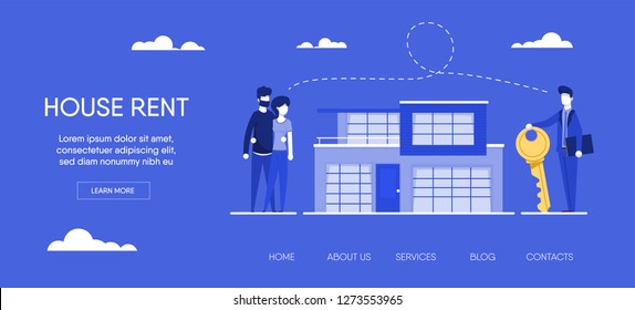 Website template for websites, or apps. realtor holding key in his hand and sells, rent house to young couple family.estate agent and happy client. Application form and key. modern flat illustration.