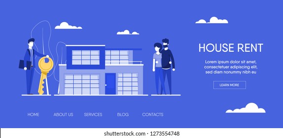Plantilla de sitio web para sitios web o aplicaciones. agente inmobiliario sosteniendo la llave en su mano y vendiendo, alquilar casa a la pareja joven de familia.agente inmobiliario y cliente feliz. Formulario de solicitud y clave. moderna ilustración plana.