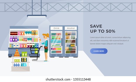 Website template with woman standing near trolley with products in supermarket flat design vector illustration. Female buying beverages and food. Organic store interior
