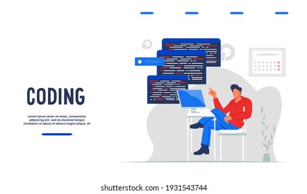 Website template for writing app code and testing computer software, flat vector illustration isolated on white background. Webpage with man using computer for fixing bugs, coding and programing.