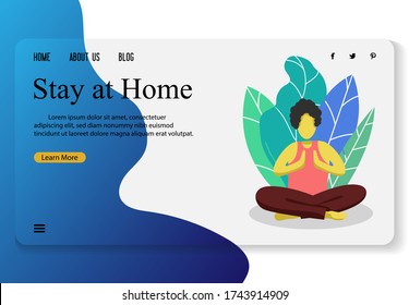 Website template a young relax, yoga focus stay at home, best vector flat , concept people character happy relaxing, leaf background isolated